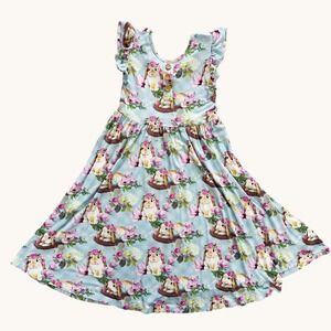 Bums & Roses Girls Blue Bunny Floral Bamboo Twirl Dress Sz 7/8 Easter Spring